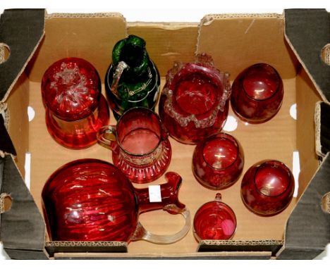 A SMALL COLLECTION OF VICTORIAN CRANBERRY GLASSWARE AND A GREEN GLASS AND WHITE ENAMEL DECORATED EWER, ETC
