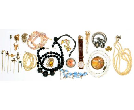 MISCELLANEOUS VINTAGE COSTUME JEWELLERY AND A 9CT GOLD LADY'S WRISTWATCH 