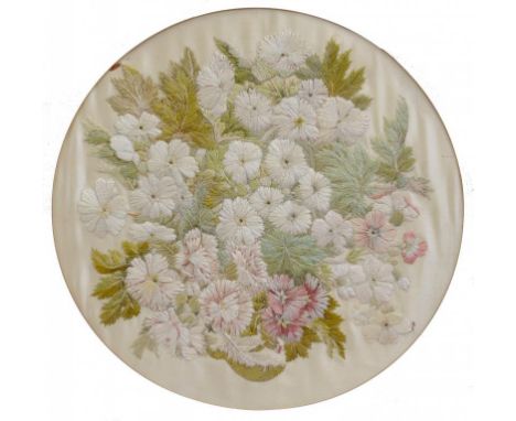 AN EMBROIDERED SILK PICTURE OF FLOWERS, 30CM D AND A 19TH C PHOTOGRAPH OF A PORTRAIT OF A GENTLEMAN, FRAMED (2)