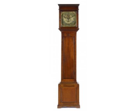 A MAHOGANY EIGHT DAY LONGCASE CLOCK, 18TH C AND LATER, the associated brass dial with matted centre, date aperture and subsid