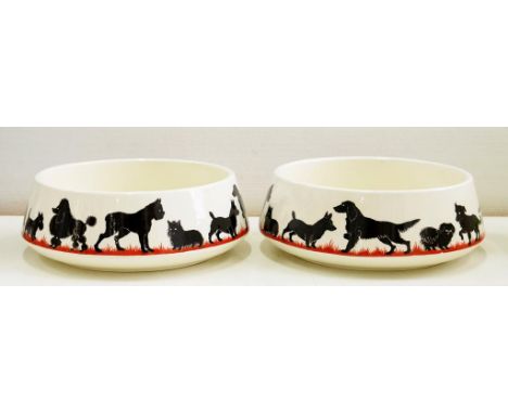 A PAIR OF SPODE EARTHENWARE ALL-IN-ONE DOG BOWLS, 17CM D, PRINTED MARK