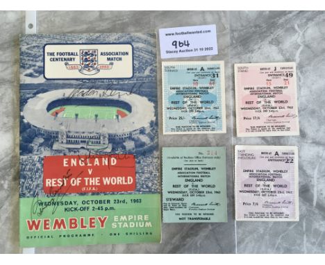1963 England v Rest Of The World Signed Programme + Tickets: Programme for the match signed by 3 England players to cover whi