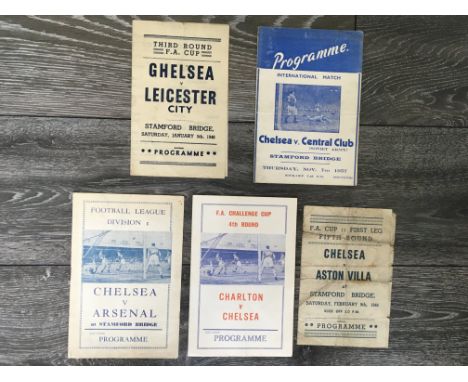 Chelsea Pirate Football Programmes: Homes v 45/46 Aston Villa FA Cup tatty, Leicester FA Cup, 57/58 Russian Army, 63/64 Arsen