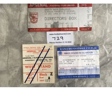 Arsenal v Glasgow Rangers Football Tickets: 1951 at Highbury plus the 1989 Zenith Data match at Ibrox both normal ticket and 