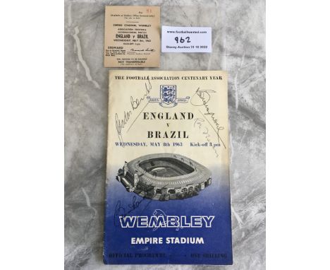 1963 England v Brazil Signed Football Programme: Autographed clearly to cover by Bobby Moore Bobby Charlton Gordon Banks and 