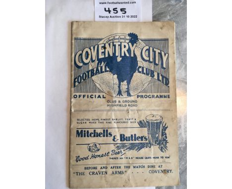 38/39 Coventry City Reserves v Tottenham Football Programme: London Combination match dated 14 1 1939. Fair condition with co