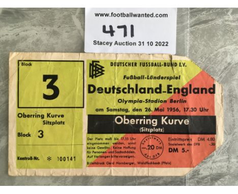 1956 Germany v England Football Ticket: Dated 26 5 1956. Full International with Duncan Edwards scoring the 1st goal in the 3