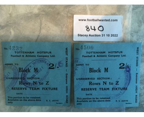 60/61 Tottenham Reserves Football Tickets: Two excellent condition tickets for matches v Portsmouth and Bournemouth. (2)