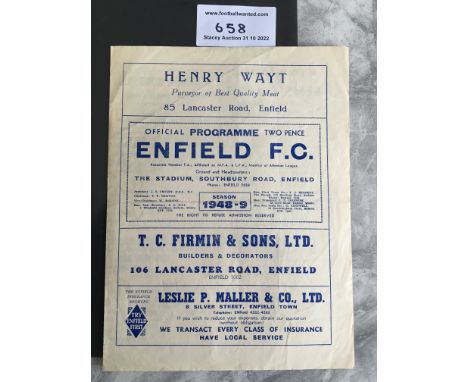 48/49 Enfield v Tottenham Football Programme: Christmas Day friendly versus a Tottenham X1 including Tommy Harmer. Excellent 