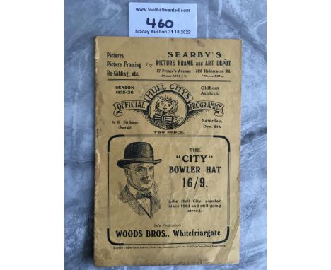 25/26 Hull City v Oldham Athletic Football Programme: First team league match dated 5 12 1925. Fold and marks particularly ro