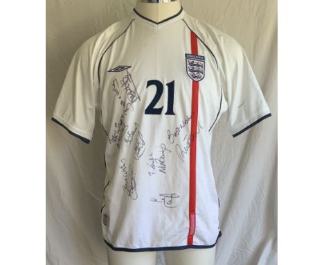 England 2001 - 2003 Match Issued Signed Football Shirt: White Umbro number 21 short sleeve signed by 7 including Gerrard Owen