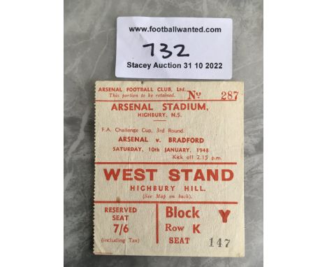 47/48 Arsenal v Bradford Park Avenue FA Cup Football Ticket: Good condition ticket for the upset of the round. Avenue winning