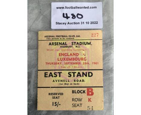 1961 England v Luxembourg At Arsenal Football Ticket: Excellent condition dated 28 9 1961 for the Full International at Highb