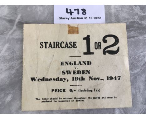 1947 England v Sweden At Arsenal Football Ticket: Dated 19 11 1947 for the Full International at Highbury. Creasing and tape 