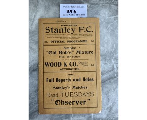 1921/1922 Accrington Stanley v Tranmere Football Programme: First season for Accrington. Eight pager is quite good with no te