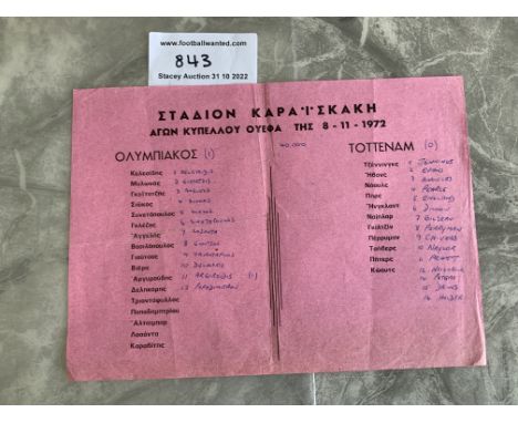 72/73 Olympiakos v Tottenham Football Programme: Original pink single sheet in Greek with the names in English hand written a