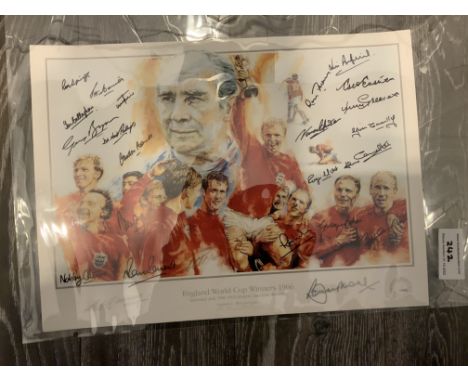 England 1966 World Cup Fully Signed Football Print: Stunning 1991 print originally signed by the England squad and doctor in 