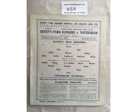 44/45 QPR v Tottenham Football Programme: Single sheet League Cup match in good condition with two no team changes. Score and