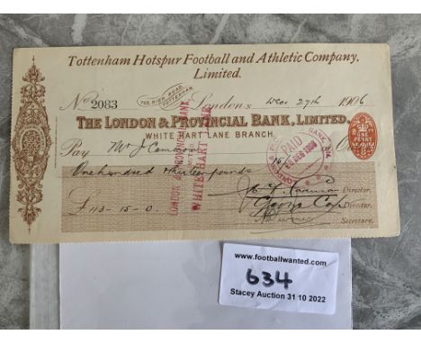 1906 Tottenham Football Club Cheque: Payable to 1901 FA Cup winning player/manager John Cameron. Decorative cheque from the W