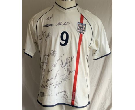 Robbie Fowler 2001 Match Worn England Signed Football Shirt: Short sleeve white Umbro large shirt with number 9 to front and 