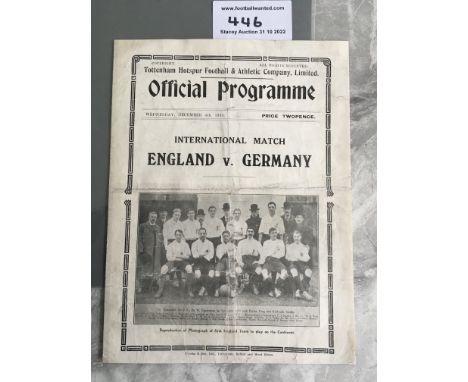 1935 England v Germany Football Programme: Played at Tottenham. Professionally repaired and now in fair condition with no tea