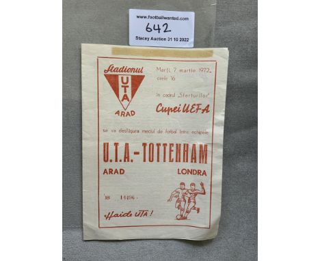 71/72 Arad v Tottenham Football Programme: Original red 4 pager in good condition with mark at the top of the UEFA Cup progra