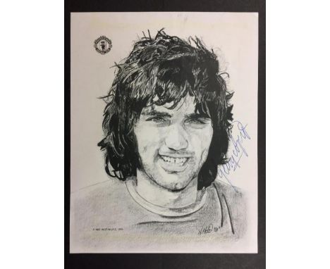 1991 Neil Holt Portrait Of George Best: In Manchester United kit measuring 9 inches x 7 inches, hand signed by George Best.