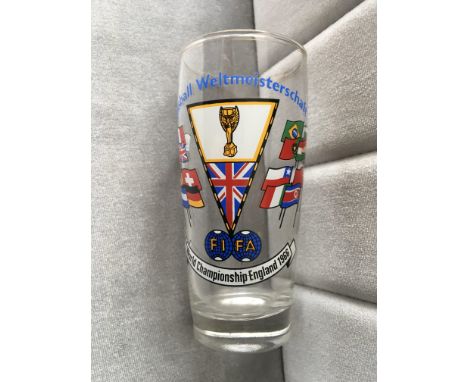 1966 World Cup German Drinking Glass: Small 0.25 litre decorative beer glass with each of the 16 nations coloured flags plus 