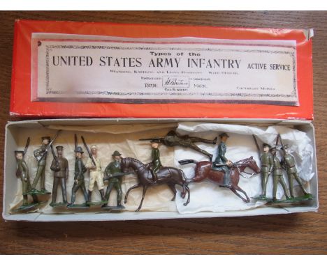 Britains Lead Soldiers, United States Army Infantry World War I, seven marching Soldiers, one Sailor, one laying down shootin