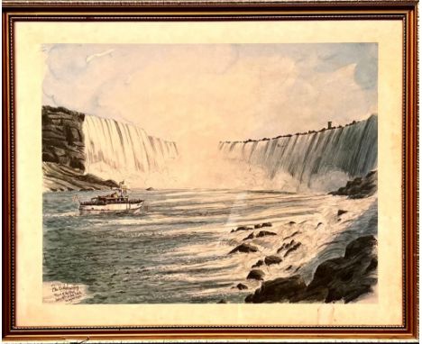 BEN BABEHOWSKY, PRINT, 'MAID OF THE MIST BELOW NIAGARA FALLS', FRAMED AND GLAZED, APPROX 33 x 43cm

 