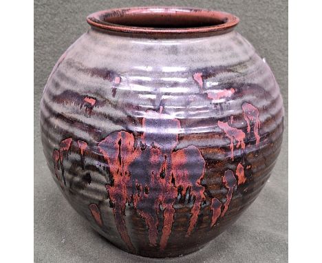 Studio pottery glazed ceramic globular vase, stamped to base. App. 27.5cm H

 