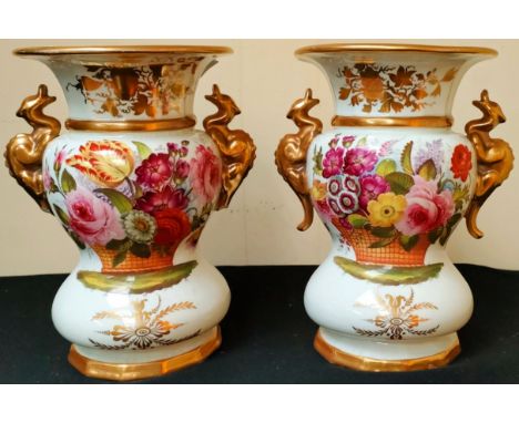 PAIR OF MASONS CERAMIC DOUBLE GOURD FORM URNS, FLORAL DECORATION, APPROX 25.5cm HIGH

USED WITH WEAR ETC 