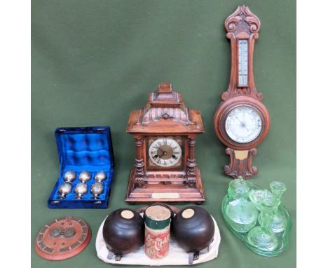 Sundry lot Inc. mantle clock, barometer, dressing table set, vintage bowling bowls, etc

all used and unchecked 