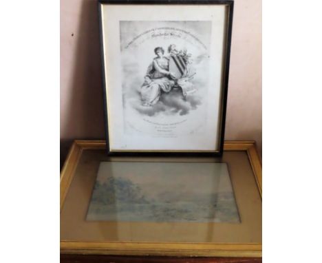 Gilt framed watercolour, plus monochrome print Both appear in reasonable used condition