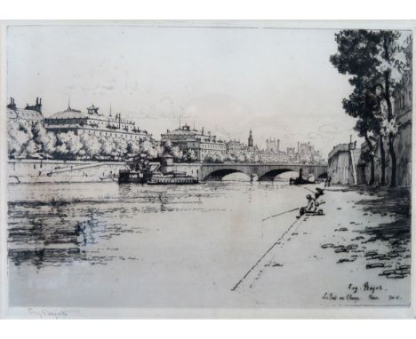 Ebonised framed monochrome etching depicting a Parisian river scene, signed in pencil by the artist. Approx. 22cms x 29cms

r