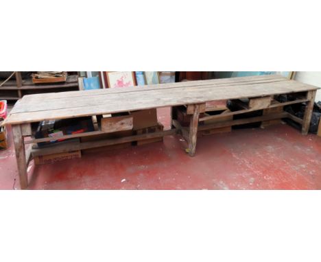 Large vintage works table. Approx. 69cm H x 360cm W x 76cm D Used condition, in need of restoration, old woodworm