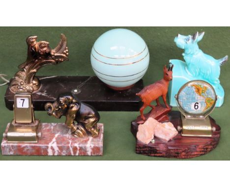 French Art Deco Figure form table lamp, two desk stands, plus ceramic dog

All in used condition, not tested for working 