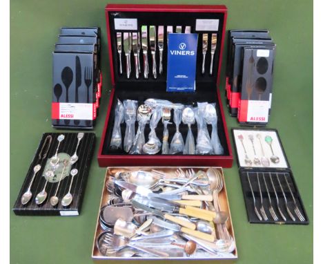 Large quantity of boxed and unboxed silver plated flatware including Viners part canteen, silver sugar tongs etc

All in used