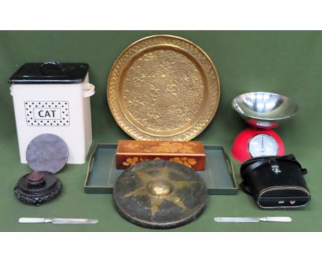 Sundry lot Inc. inlaid box, scales, brass plaque, serving tray, cased binoculars, mother of pearl handled knives etc

all use