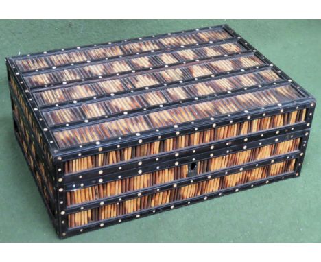 Vintage Anglo-Indian ebony &amp; Porcupine rectangular quill box, with fitted interior compartments. Approx. 10 x 28.5 x 19.5