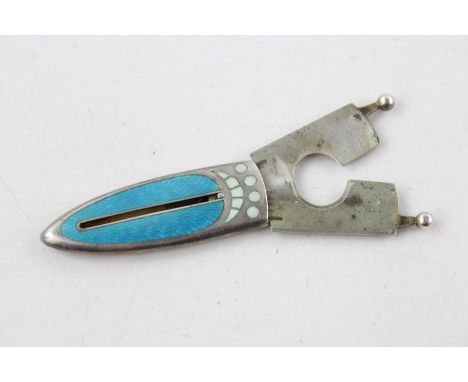 Vintage .800 Continental silver cigar cutter with blue guilloche enamel detail 