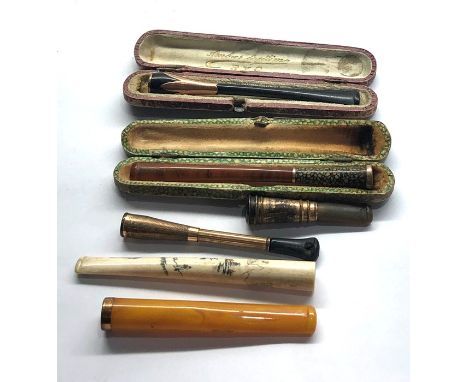 6 x Assorted Vintage cheroot holders Inc rolled gold, amber stem, cased Etc