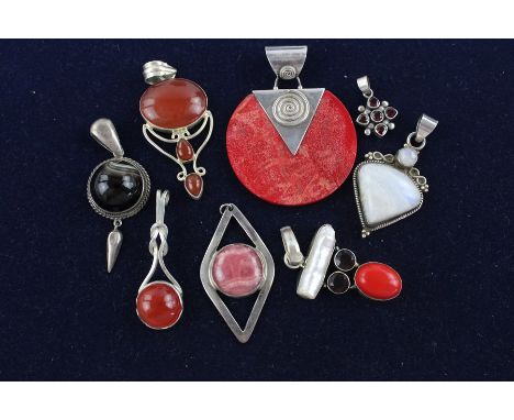 8 x Vintage .925 silver pendants inc. coral, moonstone, CDK, Boho (75g)