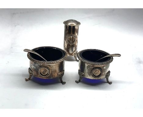 Silver cruet set blue glass liners London silver hallmarks silver weight not including liners 200g engraved initial R