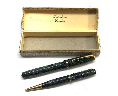 Vintage Burham green fountain pen w/ matching pencil, original box