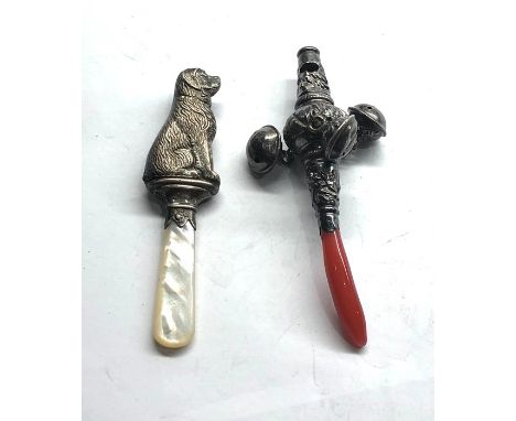 2 x Antique / Vintage .925 silver Baby Rattles Inc MOP Handle 