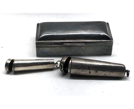 Antique silver trinket box and 2 silver cheroot holders box measures approx 10cm by 4cm height 3cm fitted lined interior 