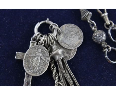 Antique .925 Silver Albertina watch chain sections charms tassel(25g)