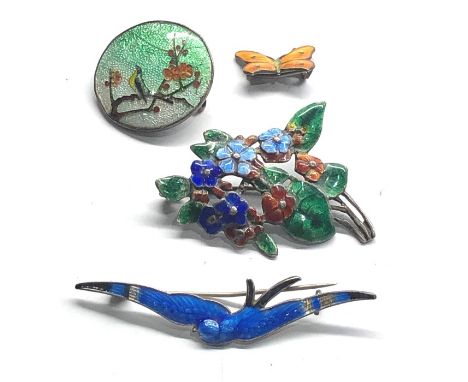 4 x Vintage .925 silver enamel brooches inc. John Atkins &amp; Sons 
