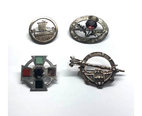 4 x Vintage .925 silver brooches inc. Scottish, Ship, Thistle etc